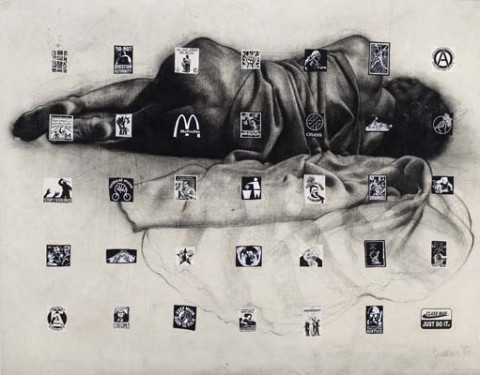 Shaifuddin Mamat, Larger Than Life: Conditioning, 2009, Charcoal, silkscreen ink, collaged fabric on canvas, 160 x 205 cm